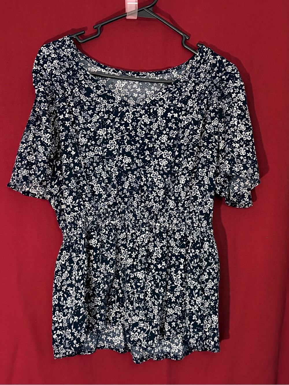 Women’s Navy Floral Short Sleeve Peplum Top